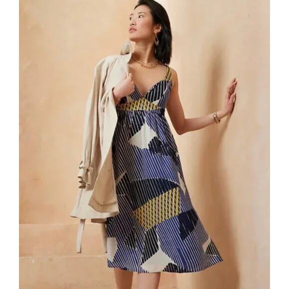 BANANA REPUBLIC NWT Empire Waist Blue Pattern Midi Dress // 6 Petite - Picture 13 of 13